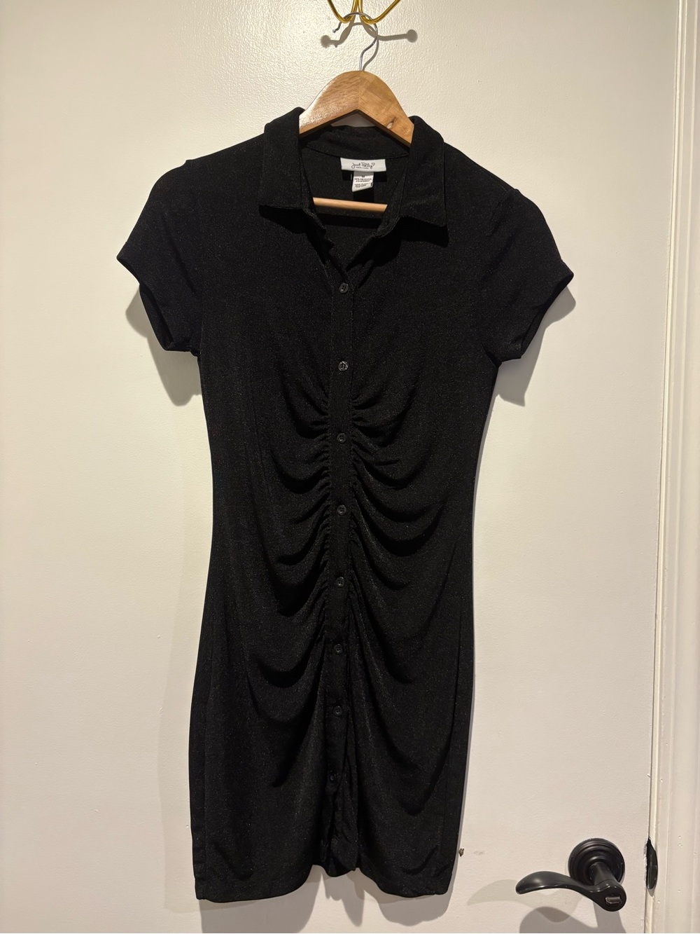 Women’s Slinky Just Polly Black Shimmer Button-Front Ruched Short Sleeve Dress